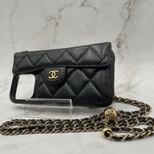 CHANEL Matelasse Caviar Skin iPhone 15 Pro Max Chain Shoulder Case Black