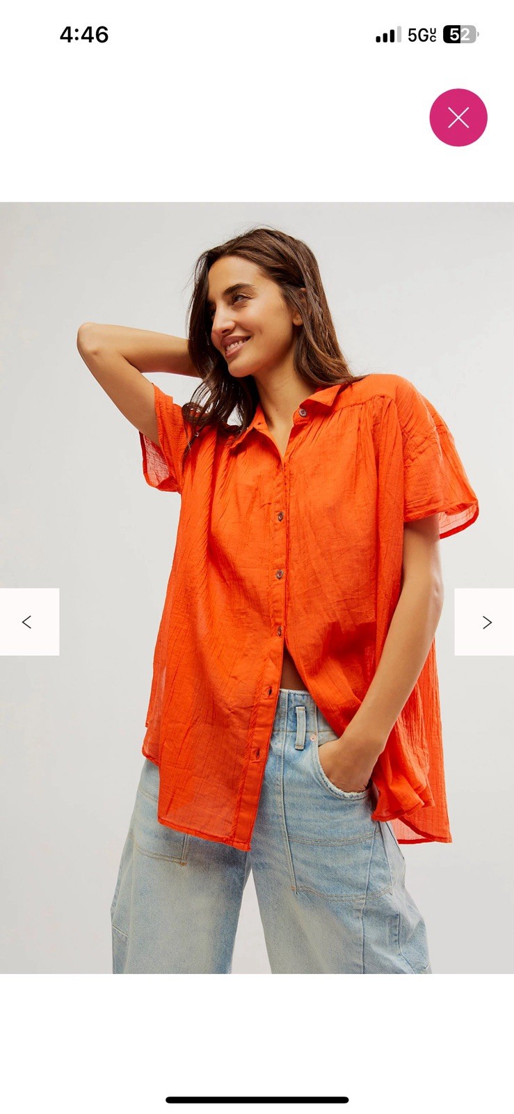 We the Free People Float Away Orange Crinkle Button Front Boho Oversized Top M
