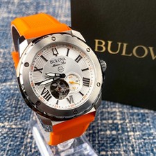Bulova Marine Star Automatic White Dial Orange Rubber Strap Men's Watch 98A226