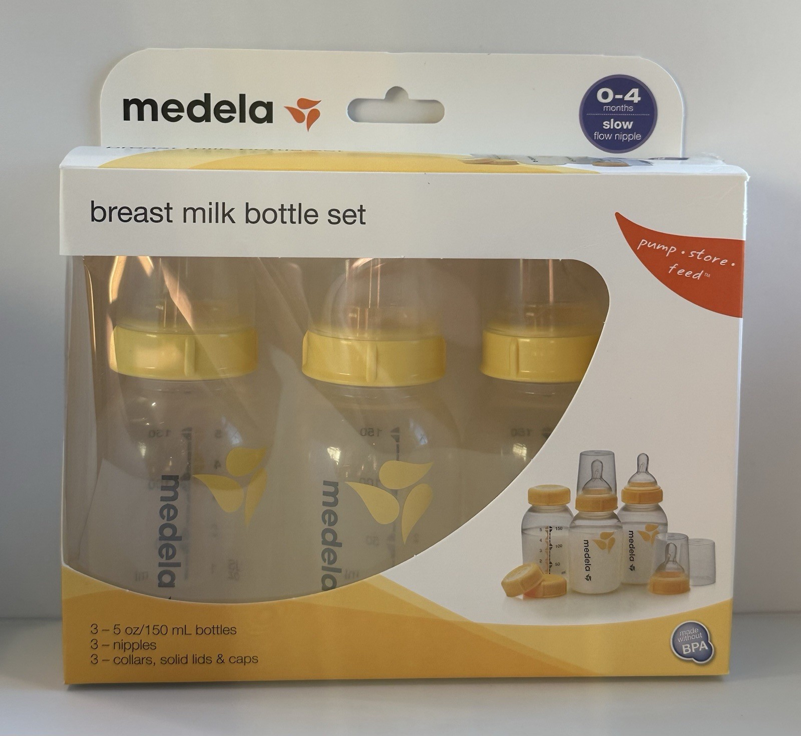 Three 5oz/150ml Medela Breast Milk Storage Bottles, Slow Nip