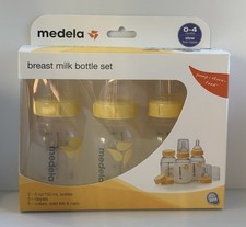 Three 5oz/150ml Medela Breast Milk Storage Bottles, Slow Nipples, Collars Caps