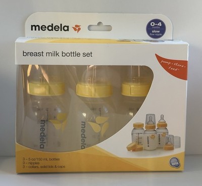 Three 5oz/150ml Medela Breast Milk Storage Bottles, Slow Nipples, Collars & Caps