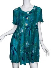 Vintage Tropical Pearl Button Teal Tie Back Mini Dress Summer Resort Beach S