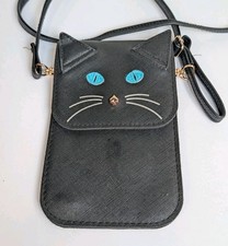 Women's PVC Black Cat With Blue Eyes Slim Line Crossbody Bag Inner Dividers
