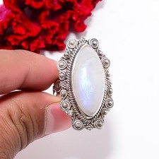 Rainbow Moonstone - India Fine Art Oxidised 925 Sterling Silver Ring S.10 R10245