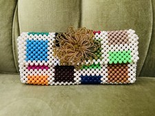 Vintage Beaded Purse Bag Granny Square Pattern Boho Hippie Clutch