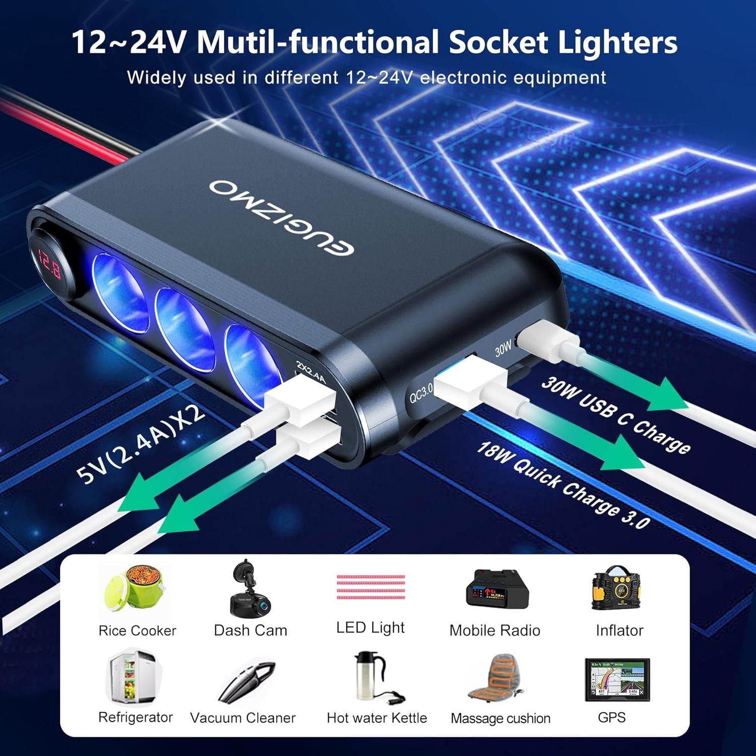 12V Cigarette Lighter Socket Splitter, 200W 3 Socket Multi Port Car Cigarette Li