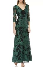 JS Collections Embroidered Lace 3/4 Sleeves Gown, Green / Black, 4