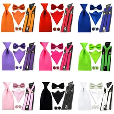 Men Satin Bowtie 8cm Necktie Pocket Square Hanky Elastic Suspender Cufflinks Set