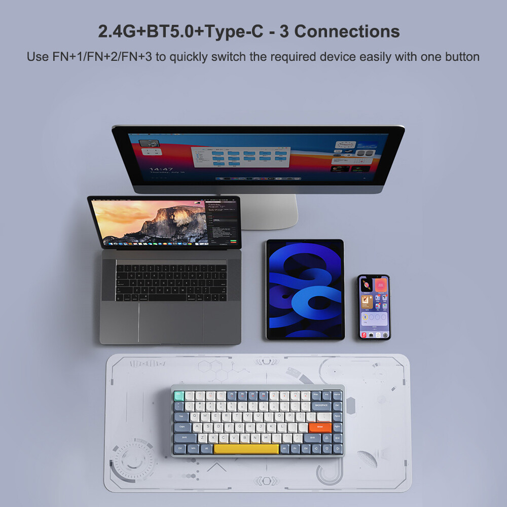 iBlancod 84-Key Wireless Mechanical Keyboard with 2.4G, Bluetooth 5.0, and Type-C Connectivity for Multi-Device Compatibility