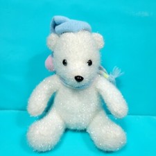 Christmas Teddy Bear Stuffed Plush White Blue Winter Scarf Hat Shiny 8"