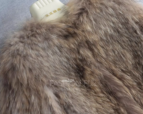 Real Raccoon Fur Jacket Short Round Neck Hand-woven Coats Womens Overcoats Parka - Picture 15 of 22