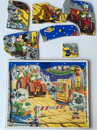 Vintage Playskool Wood Puzzle DISNEY MOON ADVENTURE Mickey Donald Goofy - Picture 2 of 2
