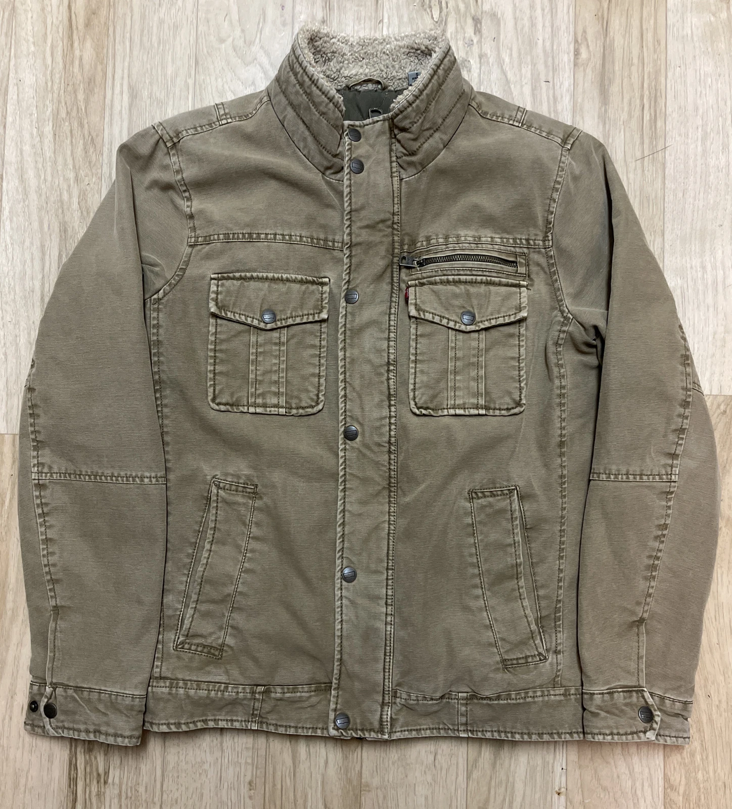 Levis Mens Sherpa Lined Canvas Jacket Work Coat Coat Khaki Brown Sz S