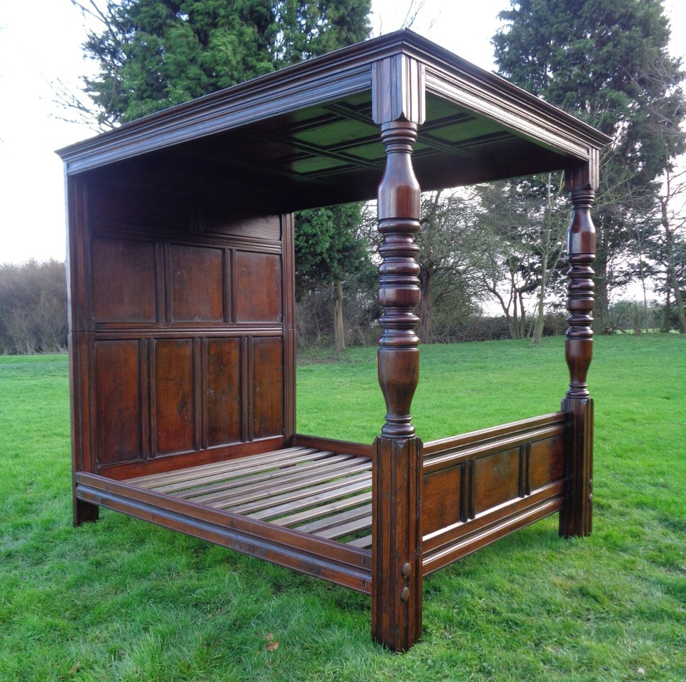 VINTAGE OAK FOUR POSTER BED / KING SIZE ANTIQUE STYLE 4 POSTER TESTER