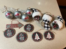 Lot Rustic Farmhouse Christmas Ornaments Plaid Stockings, Wood Signs, Galvanized