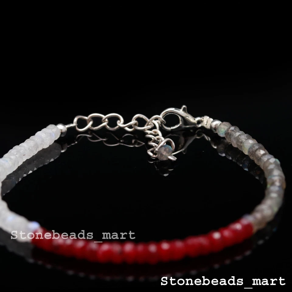 925 Sterling Silver Corundum Ruby+Rainbow Moonstone+Labradorite Bracelet 7" - Image 3 of 4