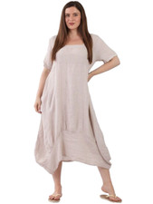 Italian Linen Dress One Size 10-16 New Lagenlook Square Neck Balloon hem Pockets