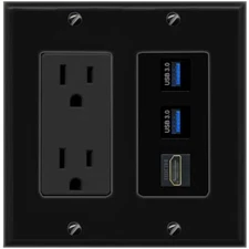 [3 Ports] HD 2 USB-3 Black Wall Plate with 15A Power Outlet