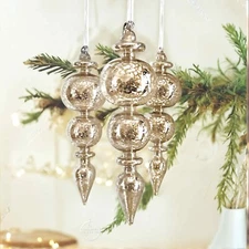 Silver Mercury Glass Finial Ornaments Set of Three Christmas