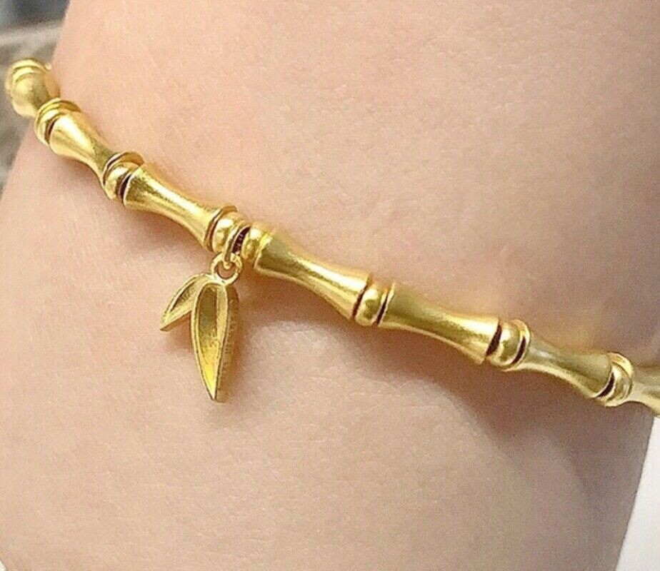 Solid Pure 999 24K Yellow Gold Lucky Bamboo Bracelet Gold Women