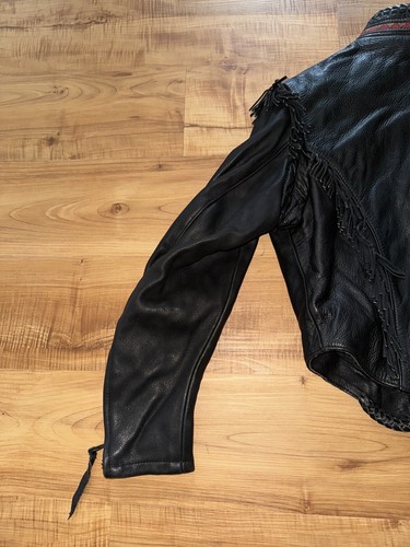 Vtg 90s Walter Co Black Leather Motorcycle Jacket Small Western Fringe Design - Picture 12 of 21