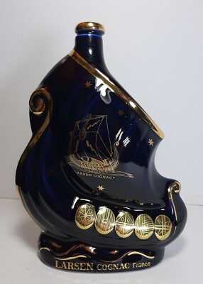 Large Bottle LIMOGES CASTEL LARSEN COGNAC FRANCE cm 25 Rare Empty Boat Ship