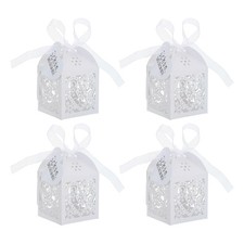 25Pcs Paper Hollow Wedding Favor Boxes Candy Boxes with Ribbon Tag, White