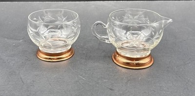 Mid-Century-Modern Etched Glass Copper Base Cream & Sugar