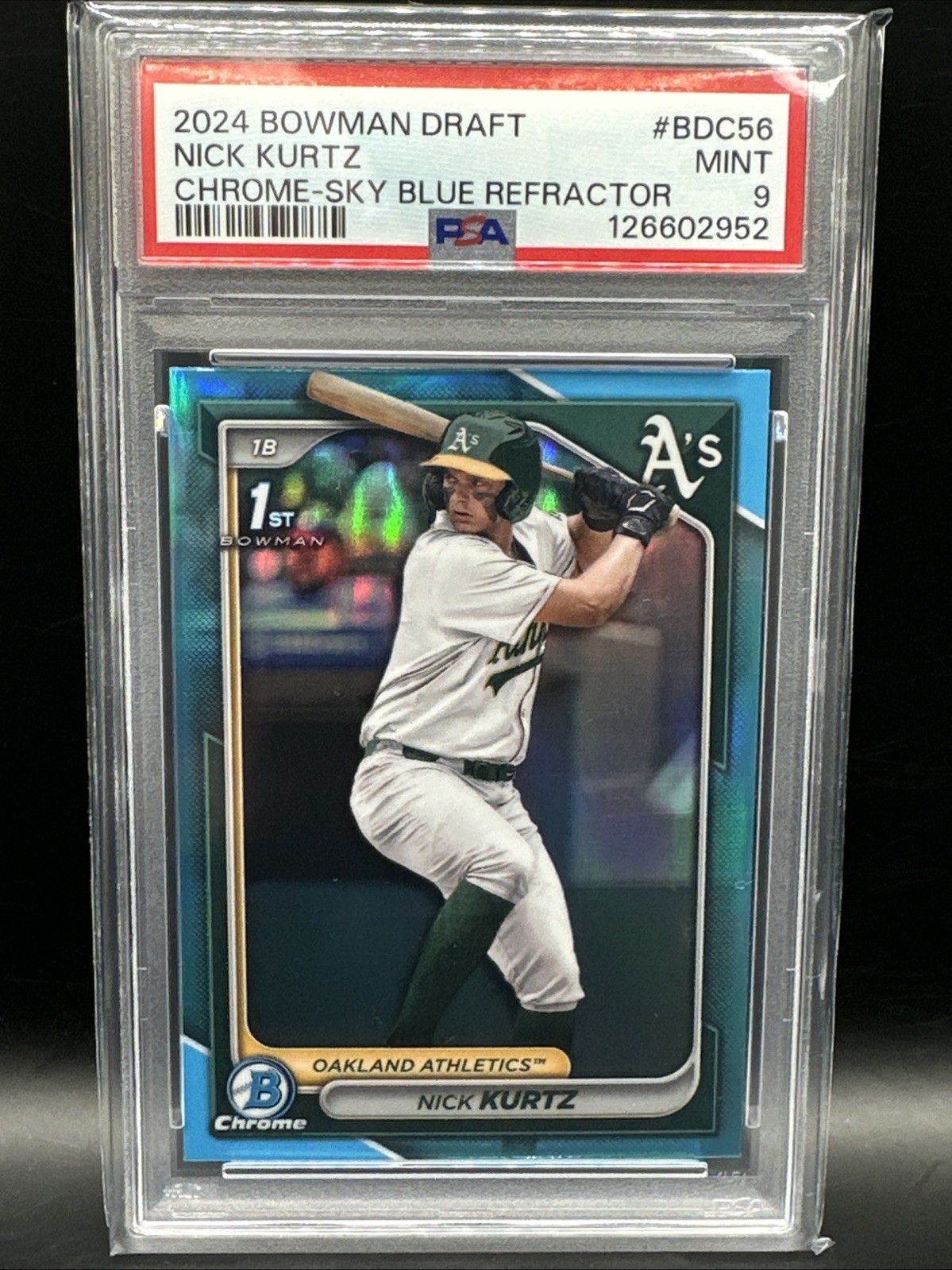 Nick Kurtz 2024 Bowman Draft Chrome Sky Blue Refractor #BDC-56 PSA 9 A’s