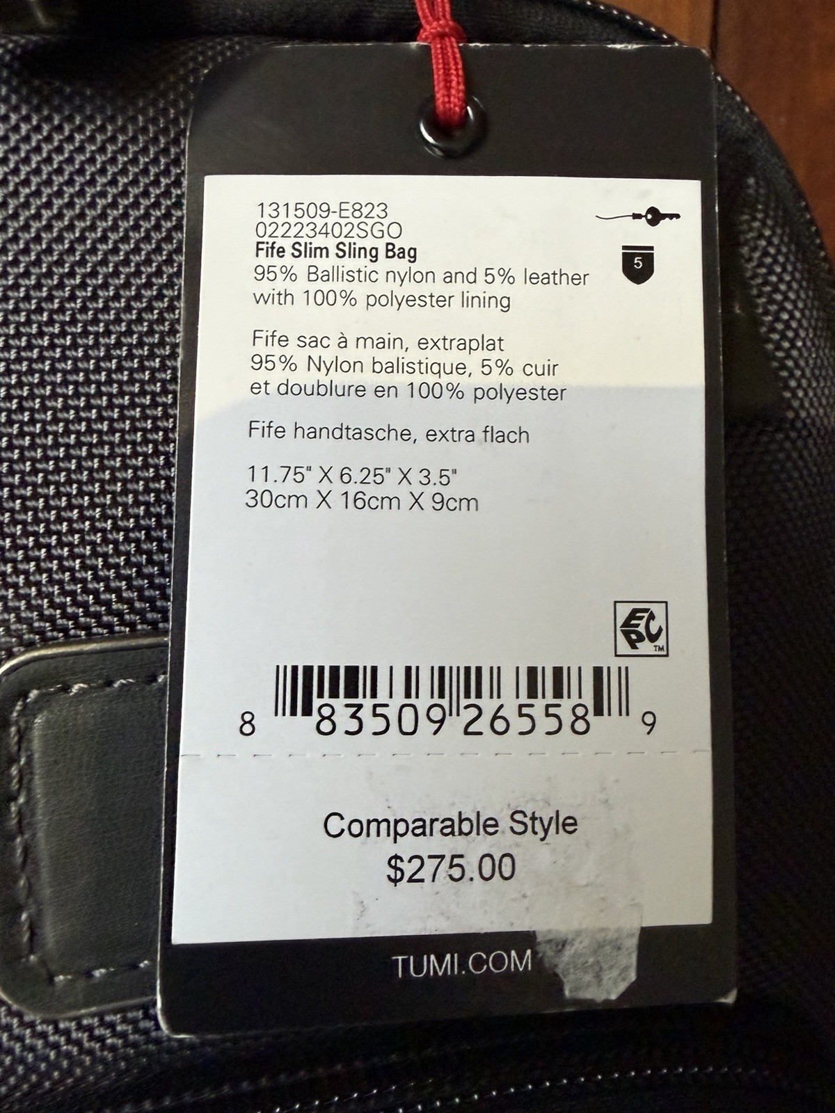 Tumi Fife Slim Sling Bag Black Medium Zip Closure Adjustable Shoulder Strap