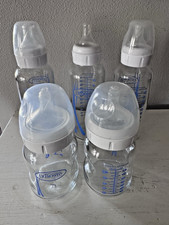 Lot 5 Dr. Brown Glass Baby Bottles 2 Wide Mouth 5 Oz. 3 Standard Width 8 Oz.