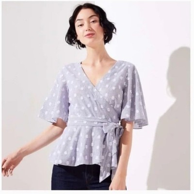 LOFT Polka Dot Striped Flutter Sleeve Wrap Blouse Blue & White Size Small