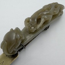 ANTIQUE CHINESE CARVED GRAY JADE DRAGON BELT HOOK WITH BRASS LETTER OPENER