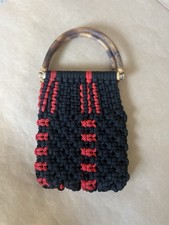 VTG Handmade Crocheted clutch/ purse with liner and wooden handles, black, red
