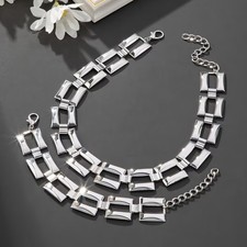 Silver Geometric Link Necklace Bracelet Set Statement Chunky Jewelry   New