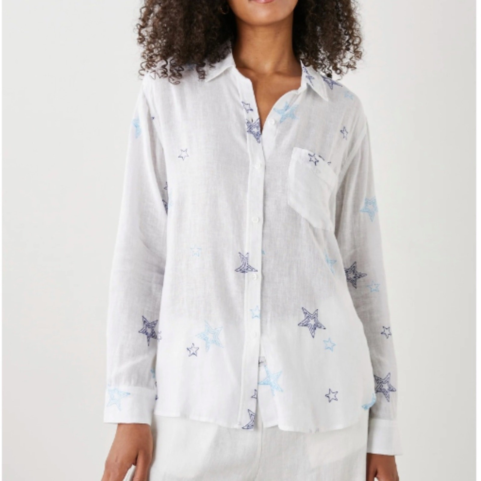 Rails Charli linen Button Down shirt white blue stitched stars - S