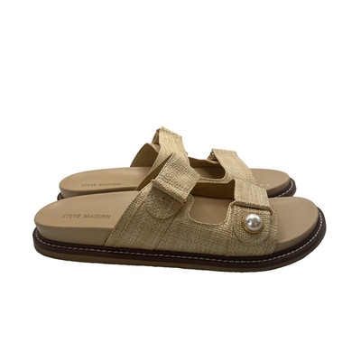 Steve Madden Sandals Shoes Womens Size 9 Beige Slide Pearl Button Flat Comfort