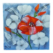 Abstract Wildflowers Red Poppie Original Acrylic Painting Handmade Wall Art 6x6