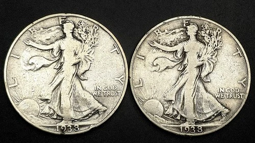 Lot Of 2 x 1938-D Walking Liberty 90% Silver Half Dollar 50c Coins!