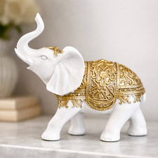Vintage Ceramic Elephant White Gold Statue India Decor Lucky Elephant Handmade