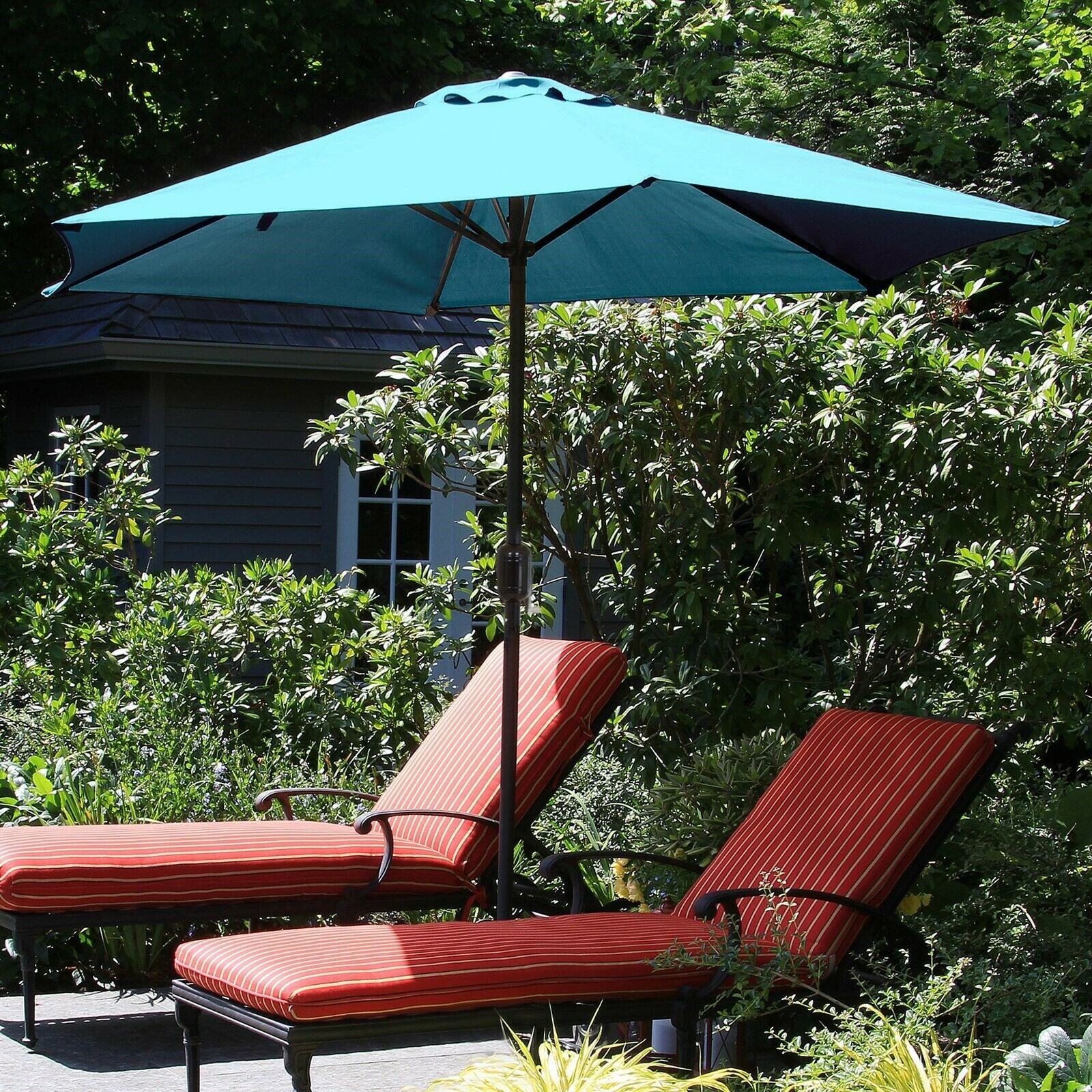 9 Foot Aluminum Pole Patio Umbrella with Crank Blue Canopy