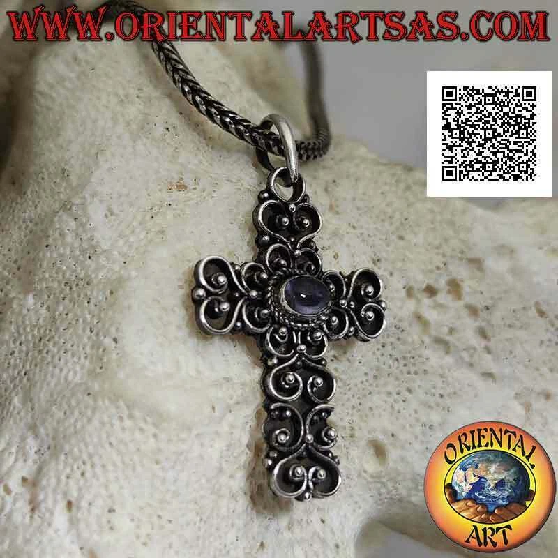 Ciondolo in Argento 925‰ croce barocca con gemme naturali ametista o peridoto - Immagine 3 di 4