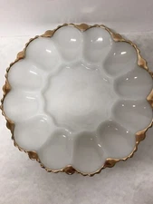 Vintage Anchor Hocking White Milk Glass Tray Deviled Egg Plate Gold Trim 10"