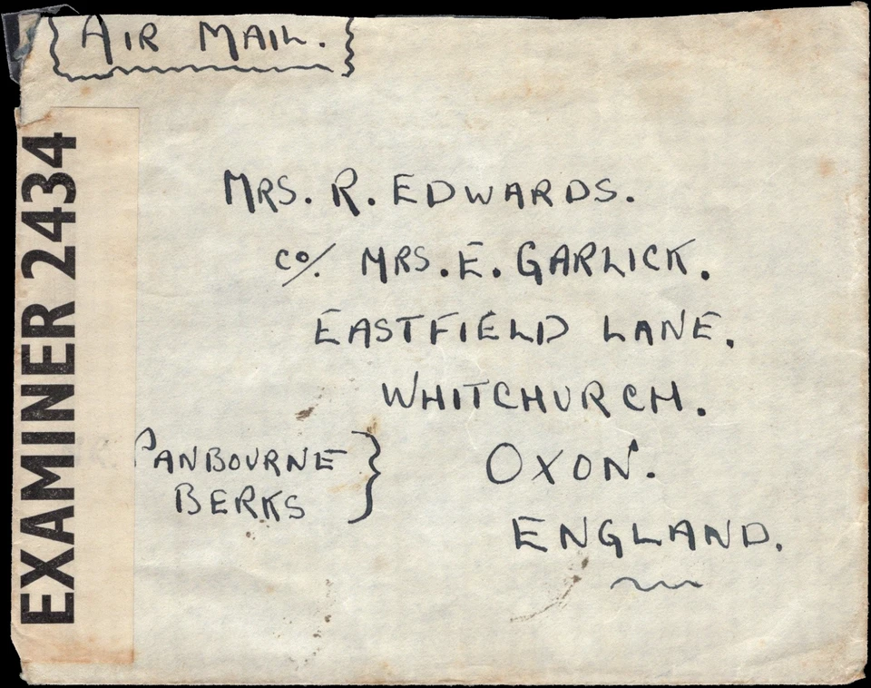 Cubierta de correo aéreo de Bahrein 1941 a Whitechurch Inglaterra; cinta de censura Foto 2 de 2