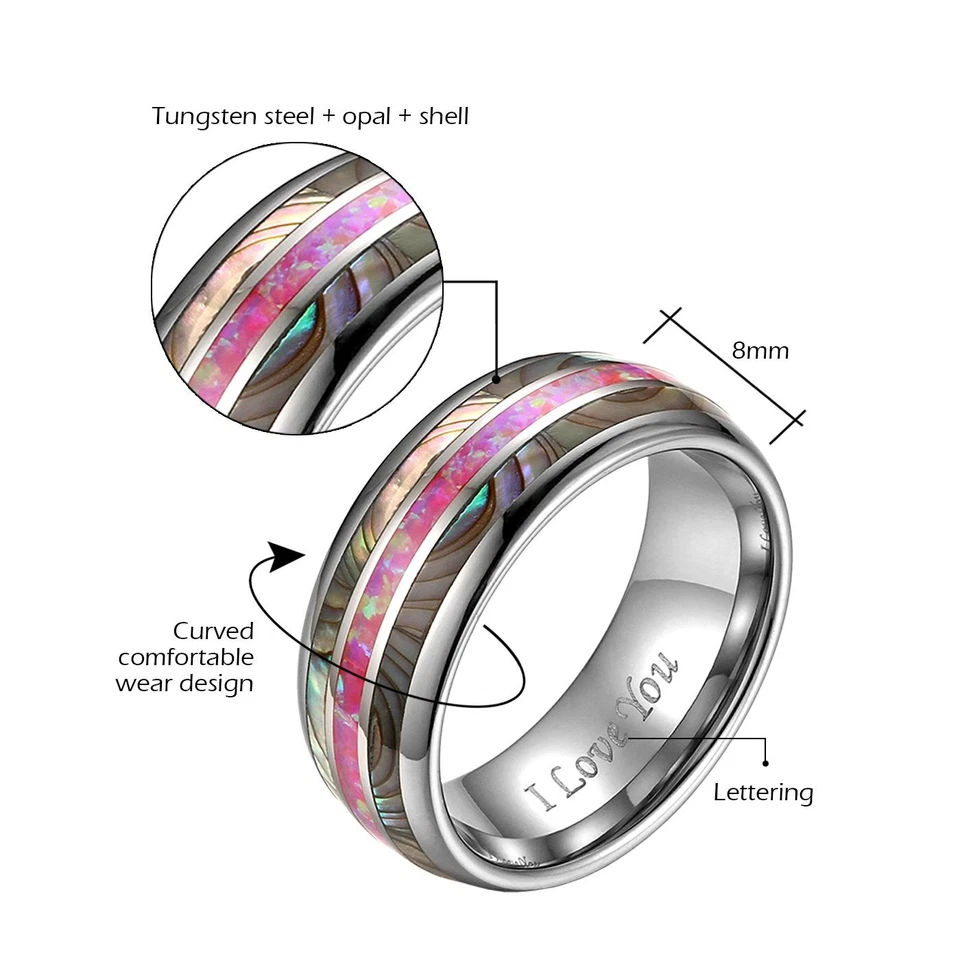 8MM Tungsten Carbide Wedding Ring I LOVE YOU Pink Opal Abalone Promise Band - Image 3 of 4