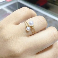 Stunning AAA 7-5mm real natural AKOYA WHITE round adjustable pearl rings 18k