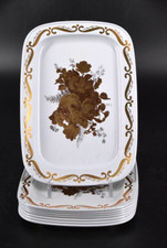 VTG Mini Metal Trays Set of 8 White w/Gold Roses & Border Trinket Snack 7.25 x 5