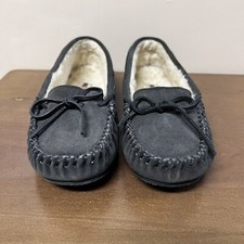 Minnetonka Sz 9 Gray Suede Leather Fur Lined Cally Moccasins Shoes Excellent