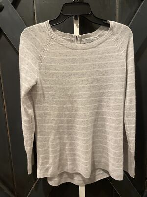 Halogen Cashmere Grey White Striped Pullover Sweater Zip Back